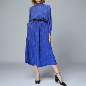 Vintage 80s-90s Talbots Royal Blue Polkadot Long Sleeve Dress Midi High Neck 6-8